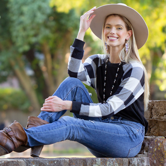 Plaid Long Sleeve Top- BLACK