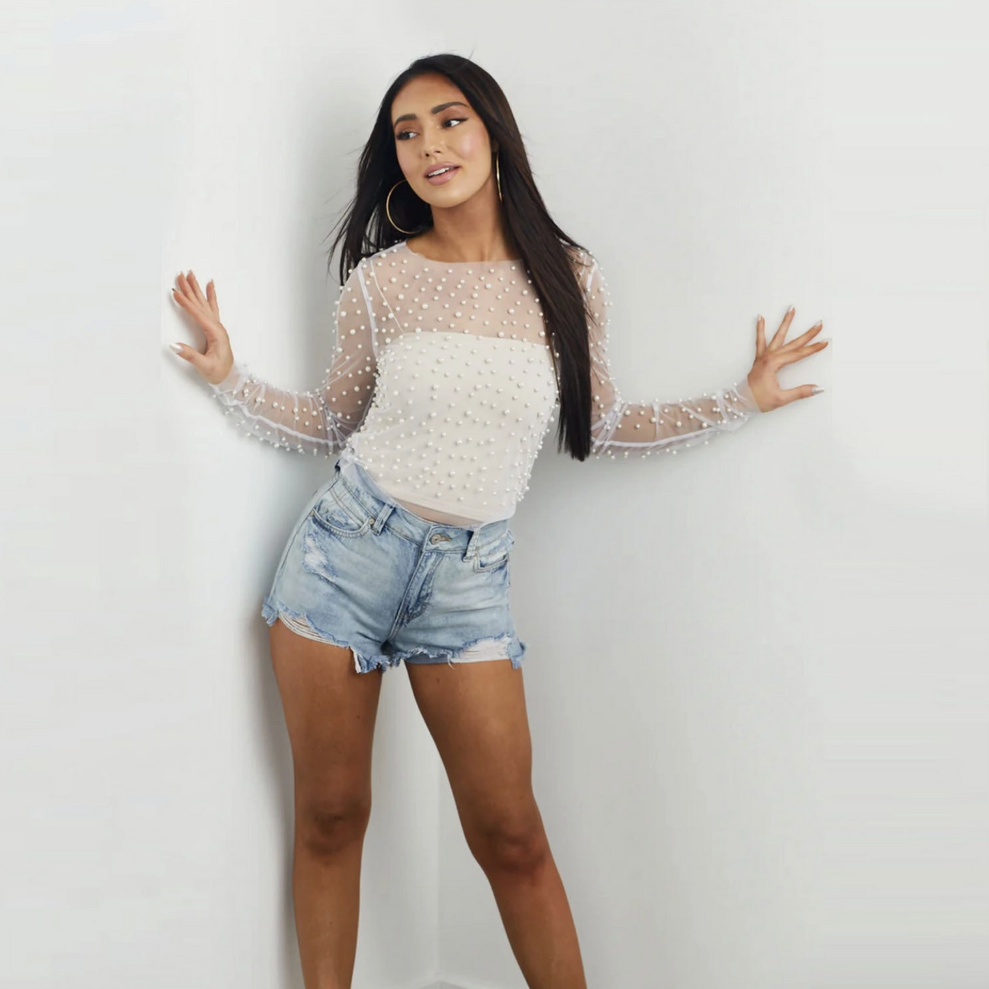 Pearl Studded Sheer Top- White