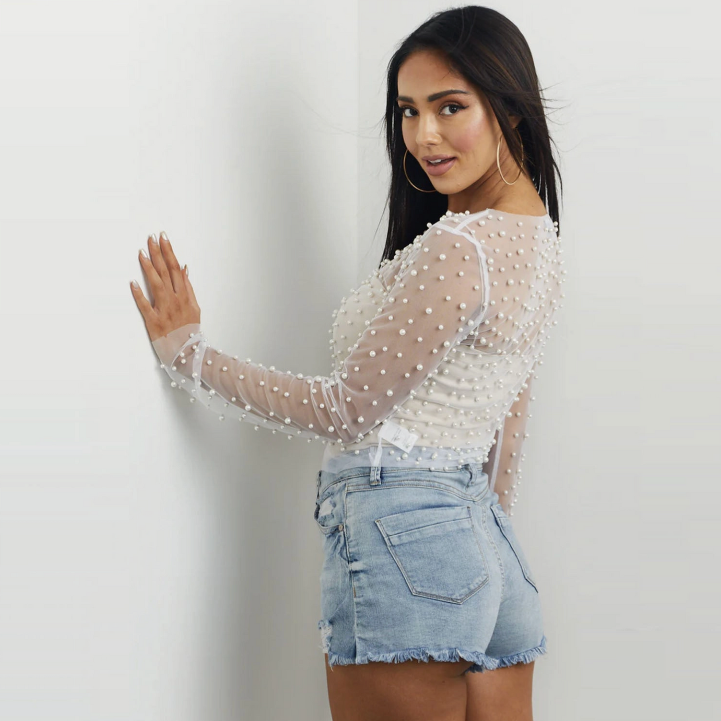 Pearl Studded Sheer Top- White