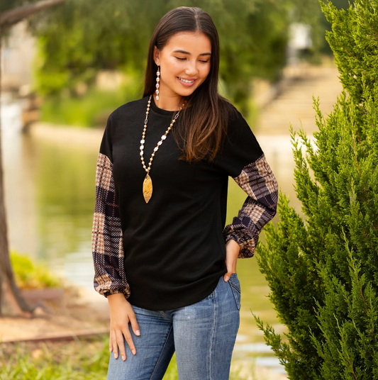 Plaid Stripes Long Sleeve Top-PLUS