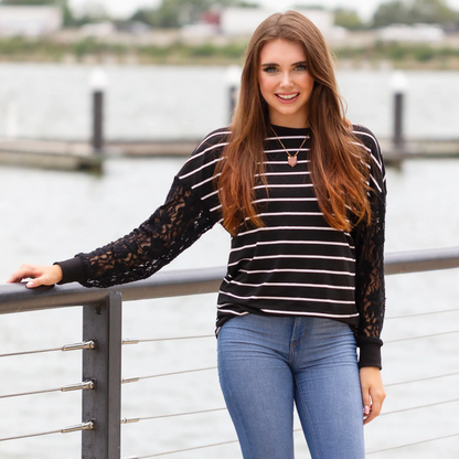 Striped Top with Lace Sleeves