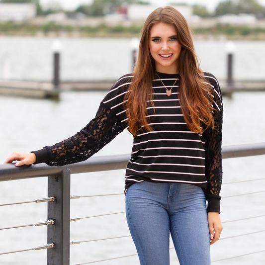 Striped Top with Lace Sleeves