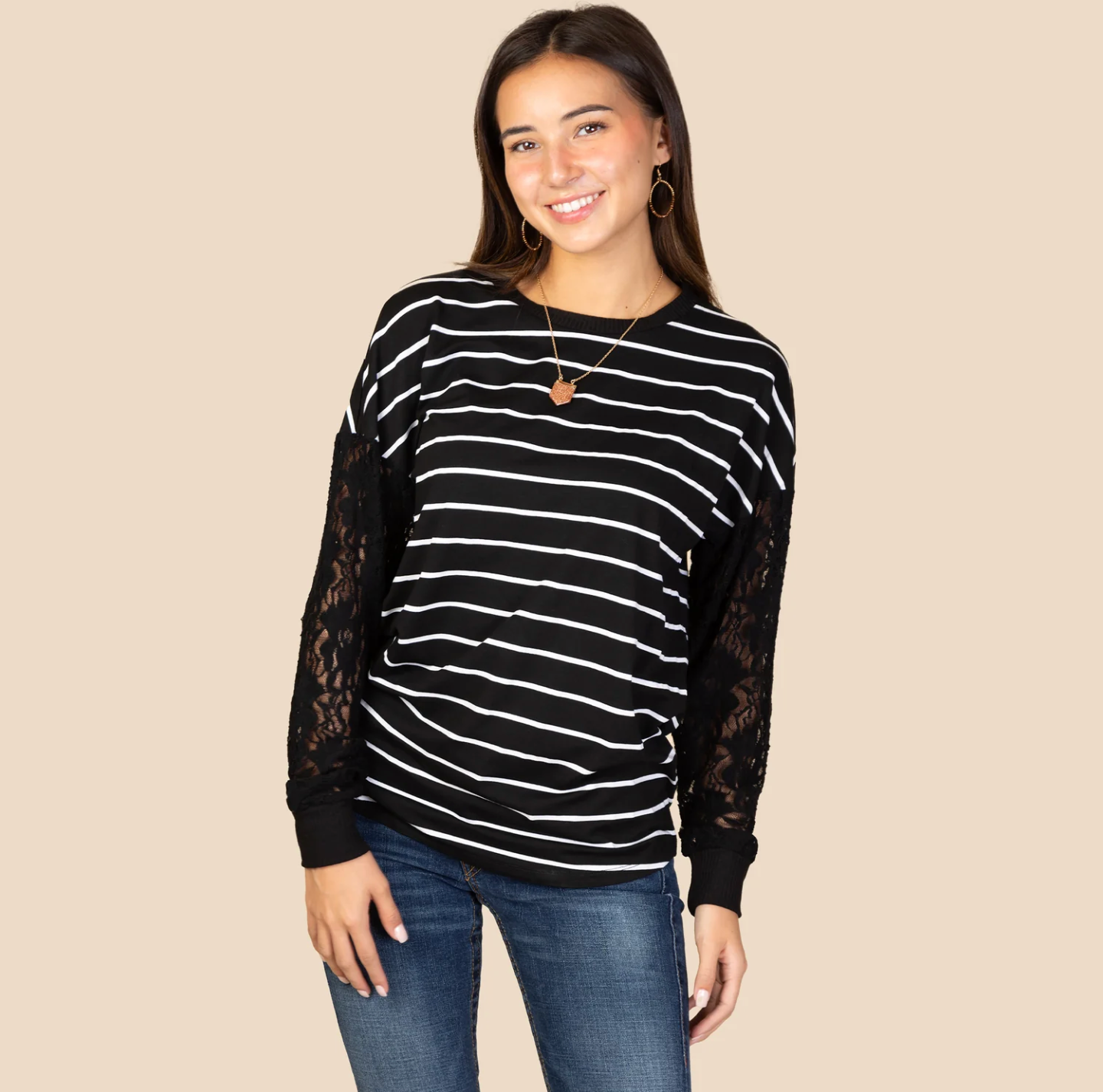 Striped Top with Lace Sleeves