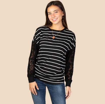 Striped Top with Lace Sleeves