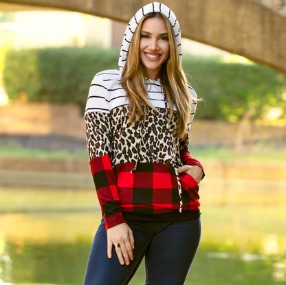 Buffalo Plaid, Leopard, & Stripes Hoodie-White