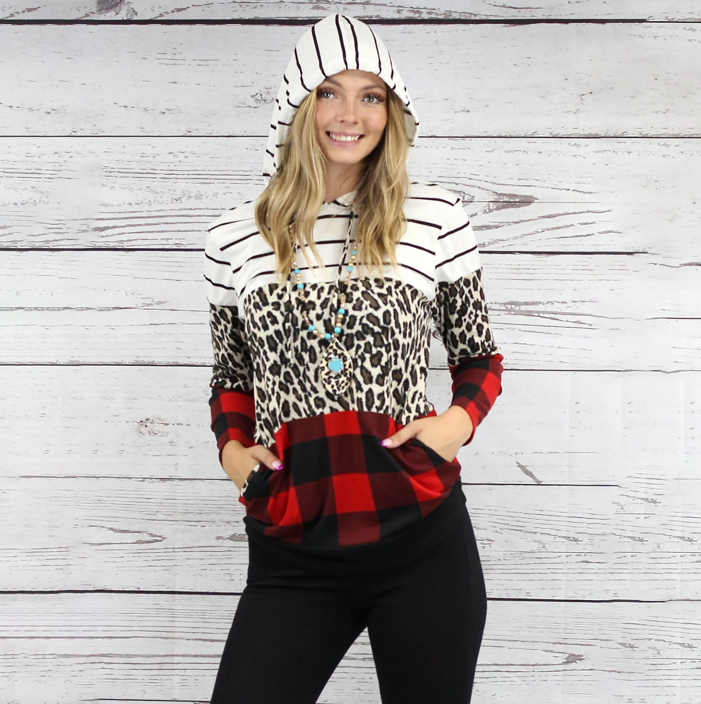 Buffalo Plaid, Leopard, & Stripes Hoodie-White
