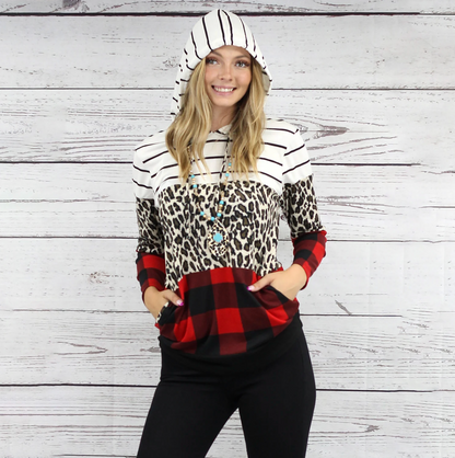 Buffalo Plaid, Leopard, & Stripes Hoodie-White