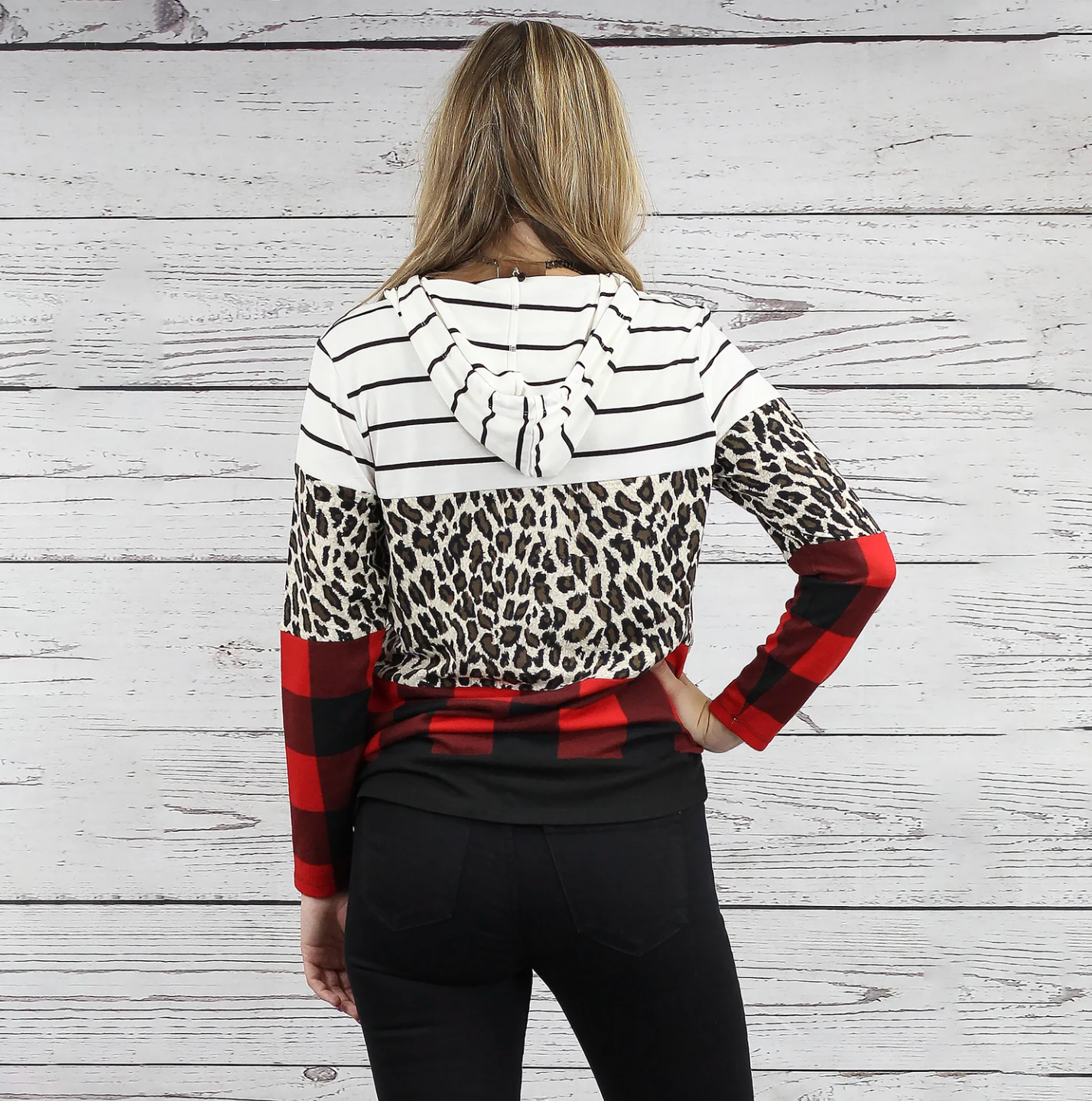 Buffalo Plaid, Leopard, & Stripes Hoodie-White
