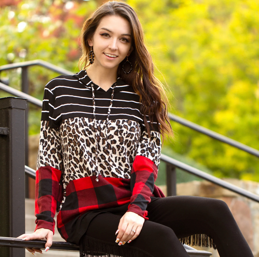 Buffalo Plaid, Leopard, & Stripes Hoodie-Blk