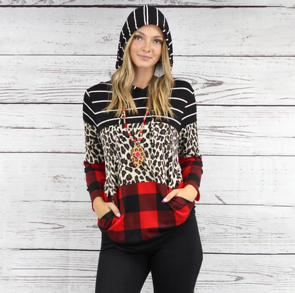 Buffalo Plaid, Leopard, & Stripes Hoodie-Blk