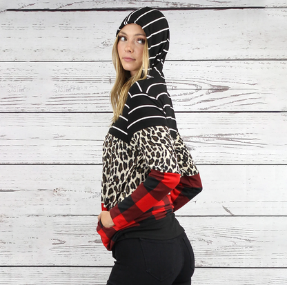 Buffalo Plaid, Leopard, & Stripes Hoodie-Blk