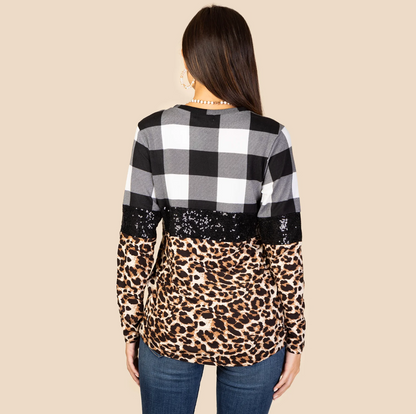Plaid, Leopard, & Sequin Long Sleeve Top