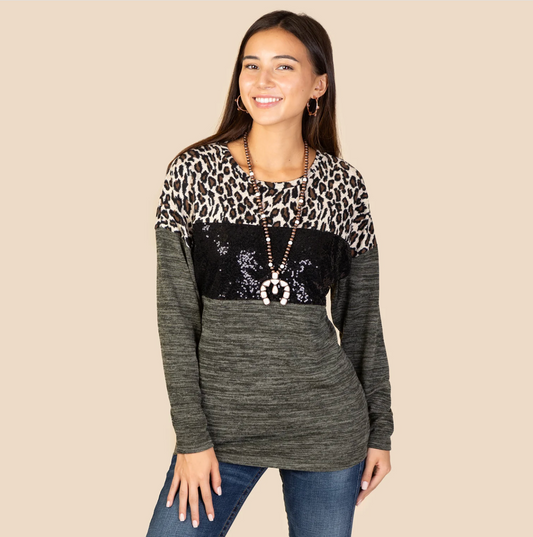 Olive Leopard and Sequin Long Sleeve Top