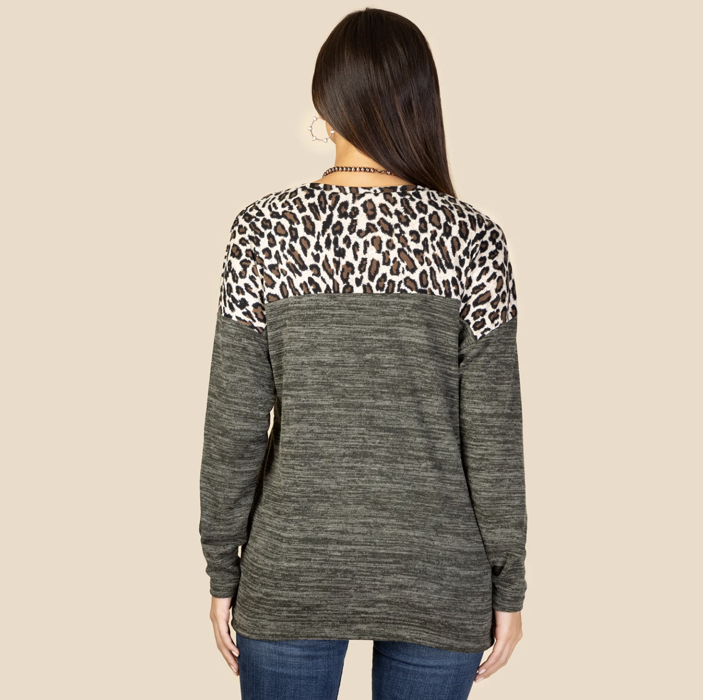 Olive Leopard and Sequin Long Sleeve Top