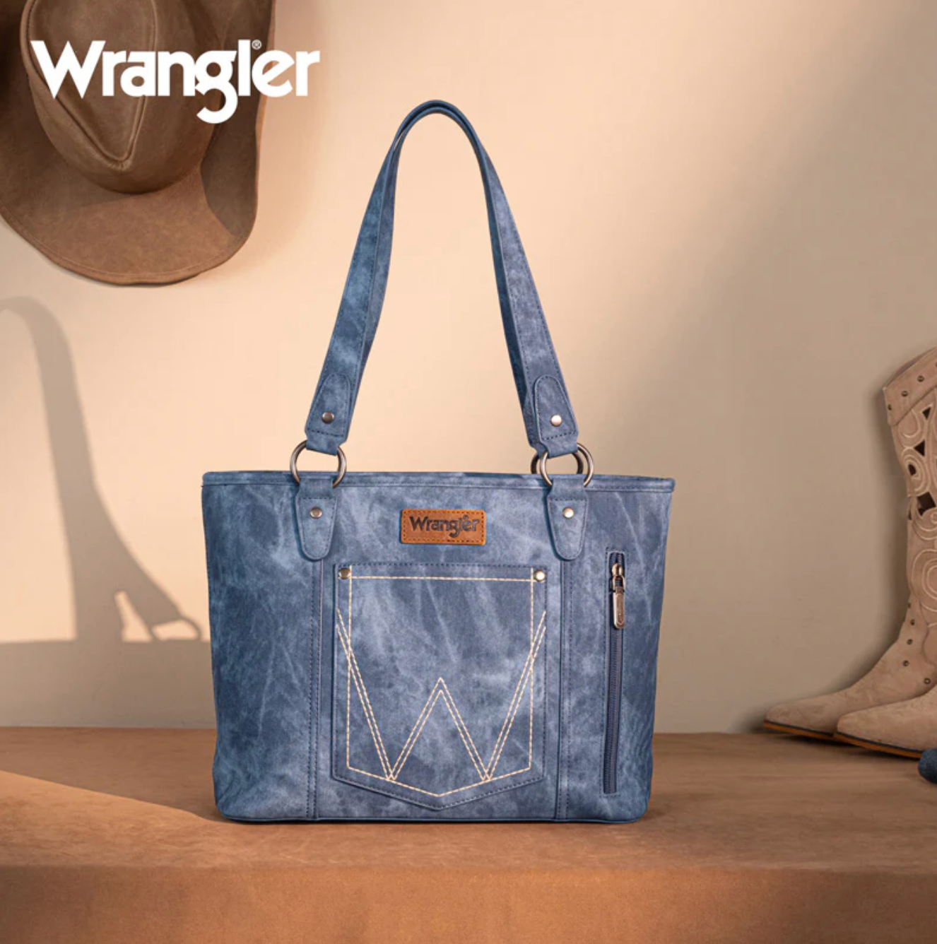 Wrangler "W" Stitch Water Repellent Denim Pocket Zippered Tote Bag-Jean