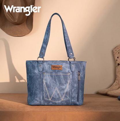Wrangler "W" Stitch Water Repellent Denim Pocket Zippered Tote Bag-Jean