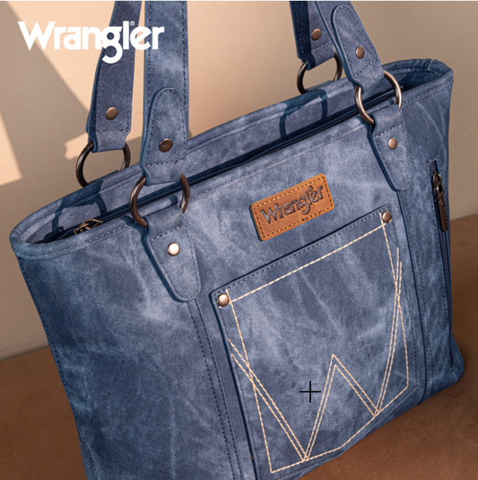Wrangler "W" Stitch Water Repellent Denim Pocket Zippered Tote Bag-Jean