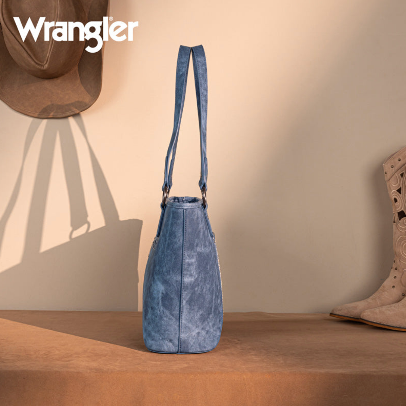 Wrangler "W" Stitch Water Repellent Denim Pocket Zippered Tote Bag-Jean