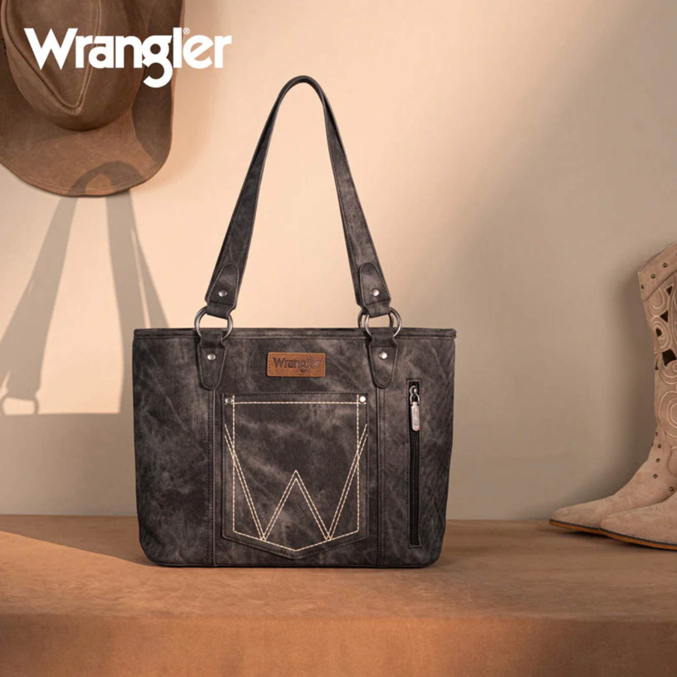 Wrangler "W" Stitch Water Repellent Denim Pocket Zippered Tote Bag-Black