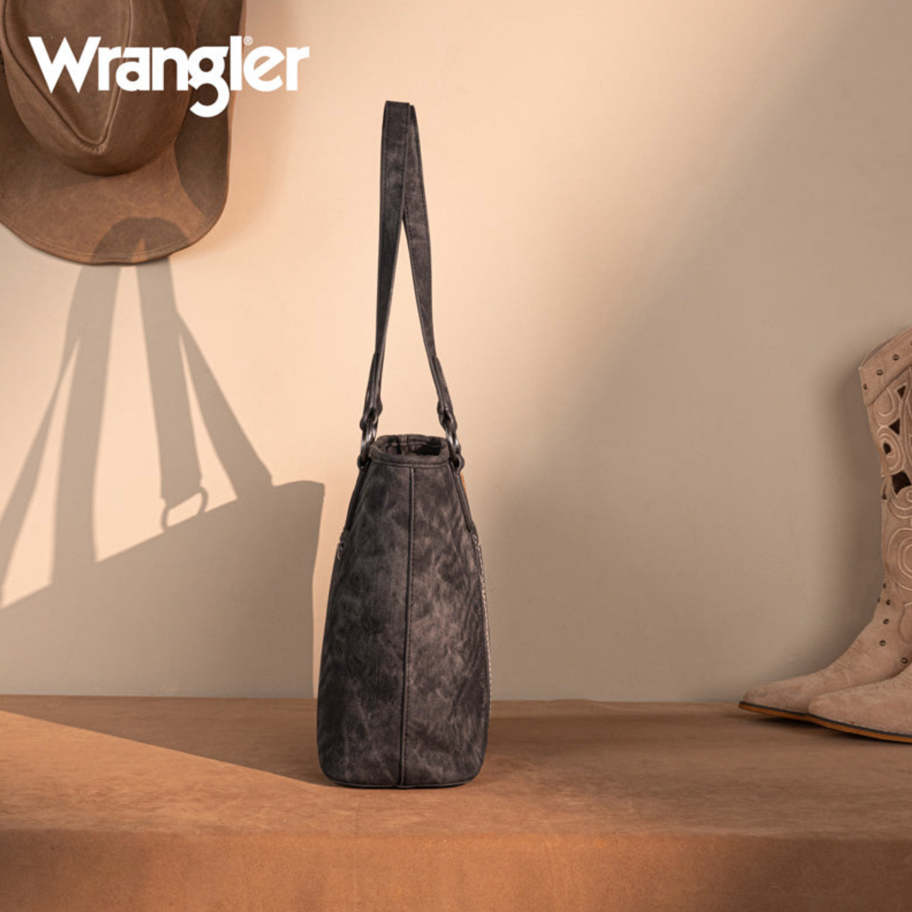 Wrangler "W" Stitch Water Repellent Denim Pocket Zippered Tote Bag-Black