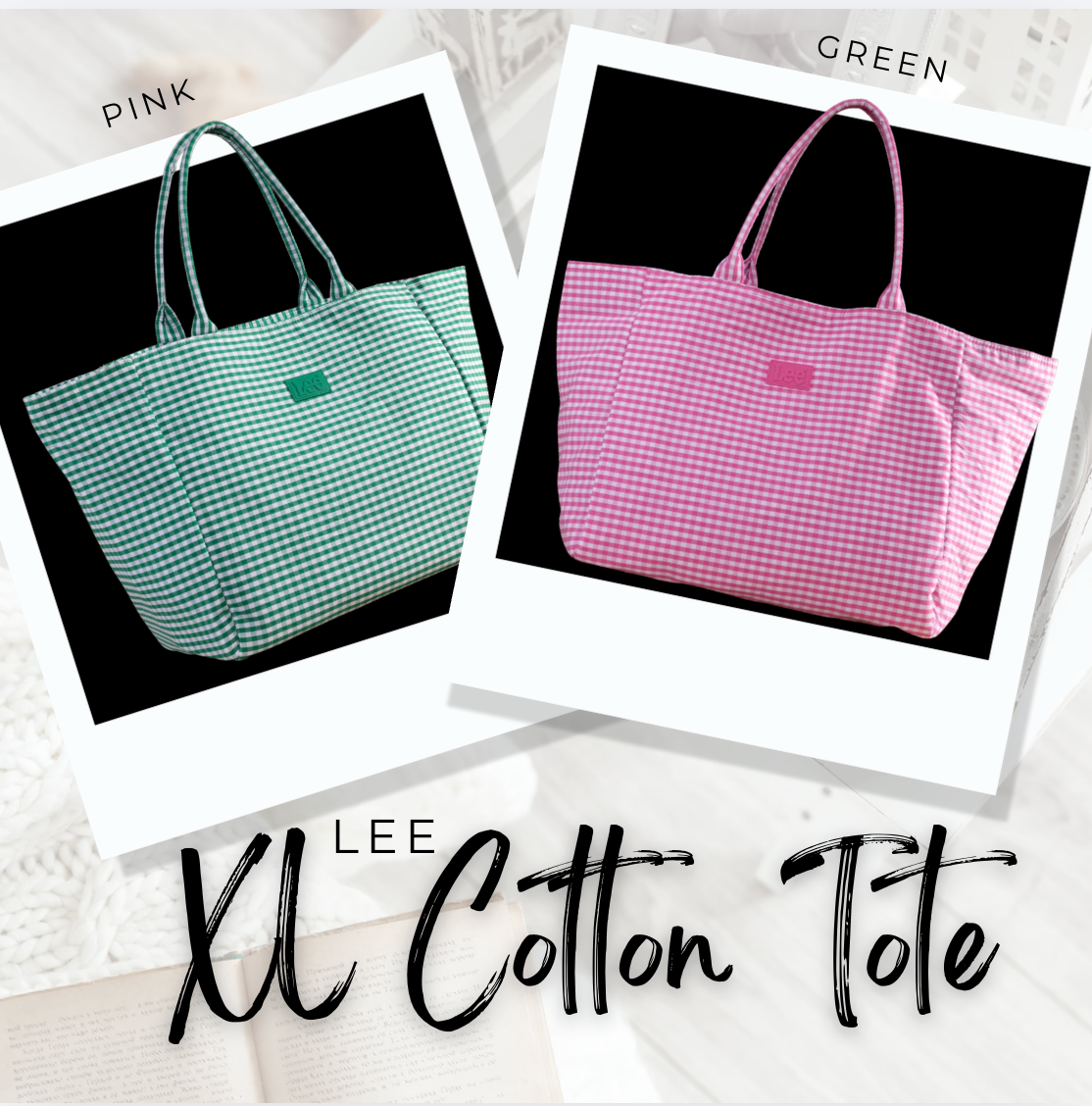 Lee Plaid Cotton Tote/ Extra Large Tote- Pink/Green