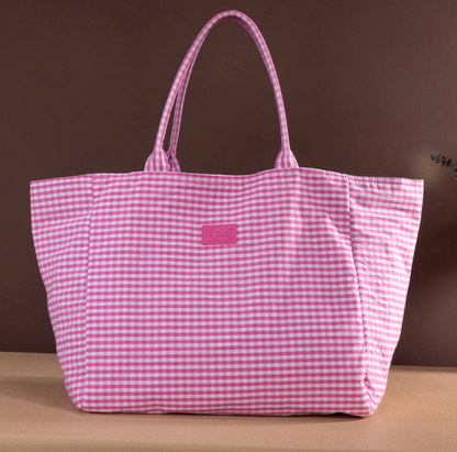 Lee Plaid Cotton Tote/ Extra Large Tote- Pink/Green
