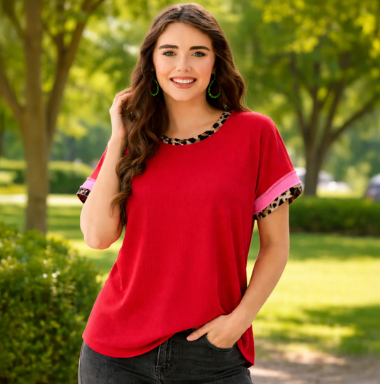 Textured Short Sleeve Top with Pink & Leopard Trim
