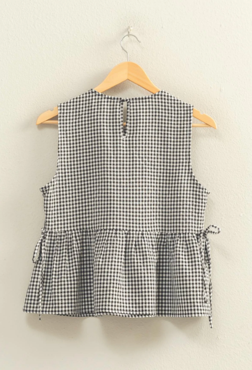 Gingham Sleeveless Peplum Top With Side Ties