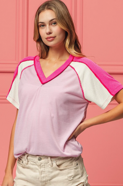 Jersey Knit Ribbed V Neck Top