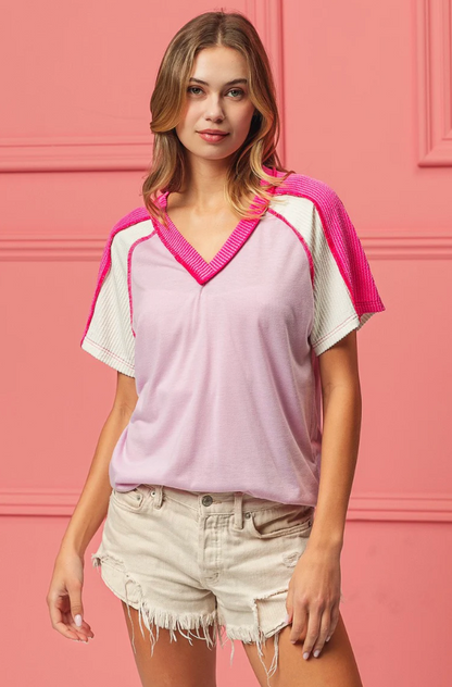 Jersey Knit Ribbed V Neck Top