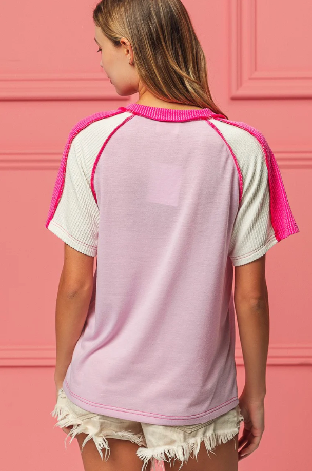 Jersey Knit Ribbed V Neck Top