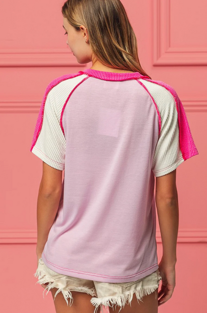 Jersey Knit Ribbed V Neck Top