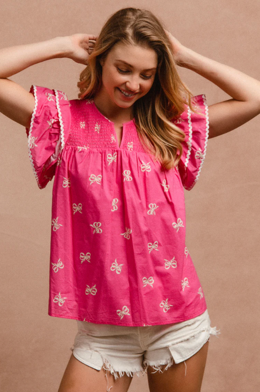 Bow Ribbon Smocked Top