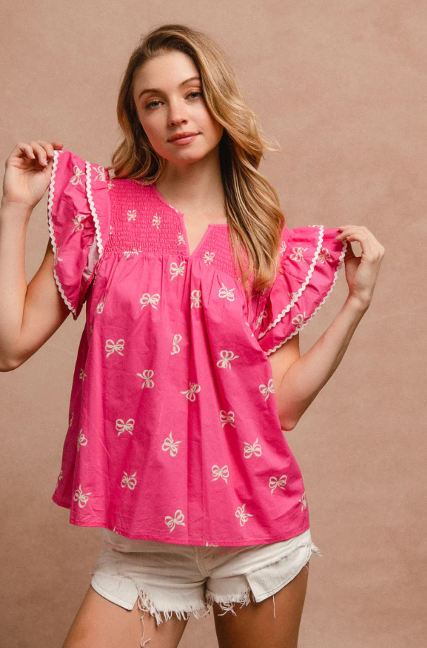 Bow Ribbon Smocked Top