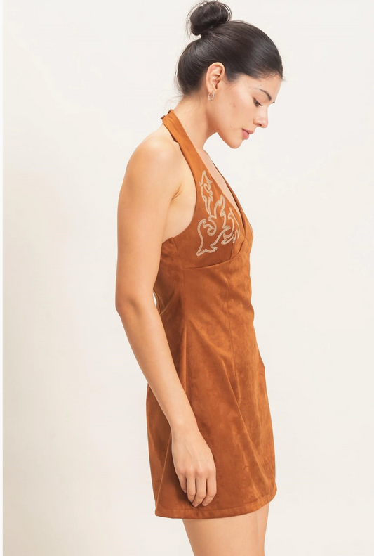 Suede V-Neck Halter Dress