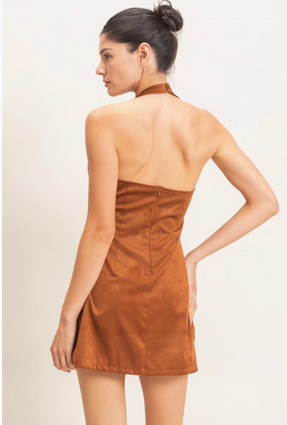 Suede V-Neck Halter Dress