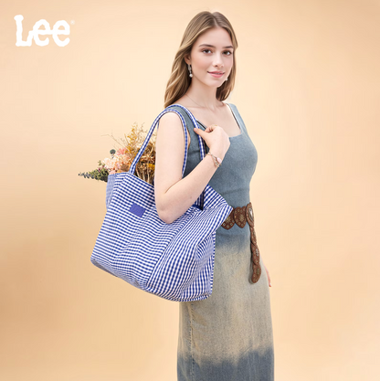 Lee Plaid Cotton Tote/ Extra Large Tote-Navy
