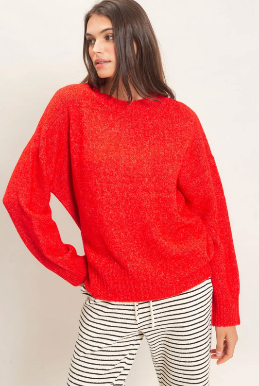 Ribbed Crewneck Sweater- RED