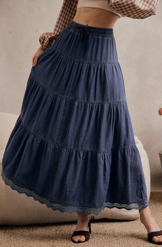Denim Flowy Lace Trim Maxi Skirt