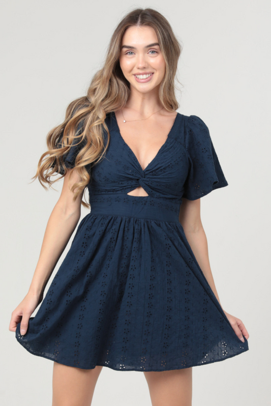 Navy Ruffle Sleeve Twist Dress