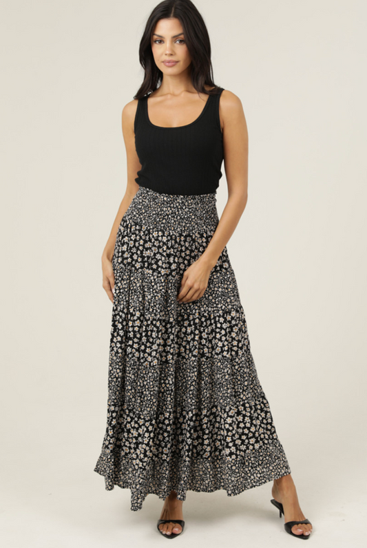 Black Floral Smocked Skirt