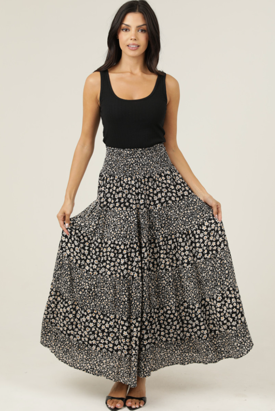 Black Floral Smocked Skirt