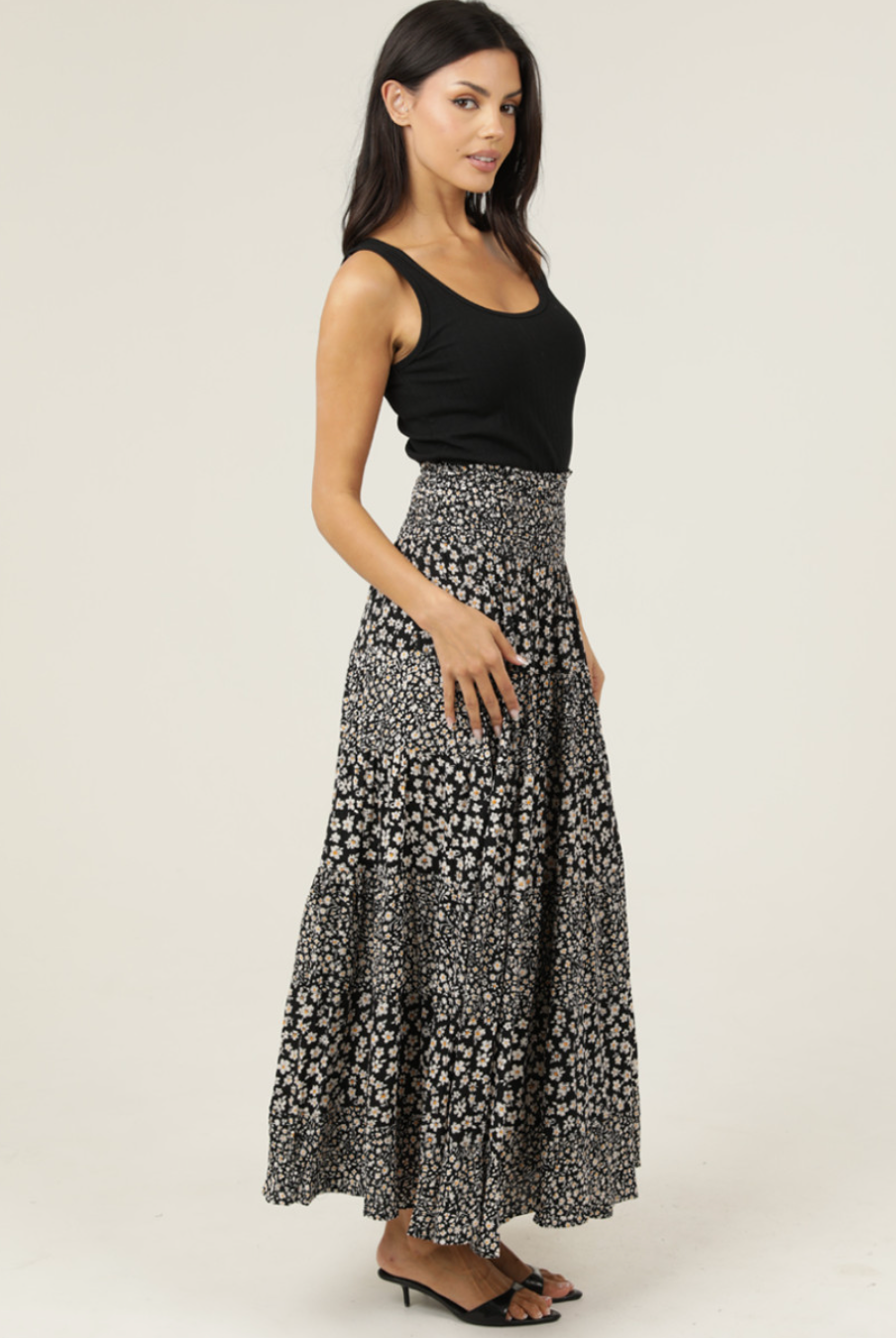Black Floral Smocked Skirt
