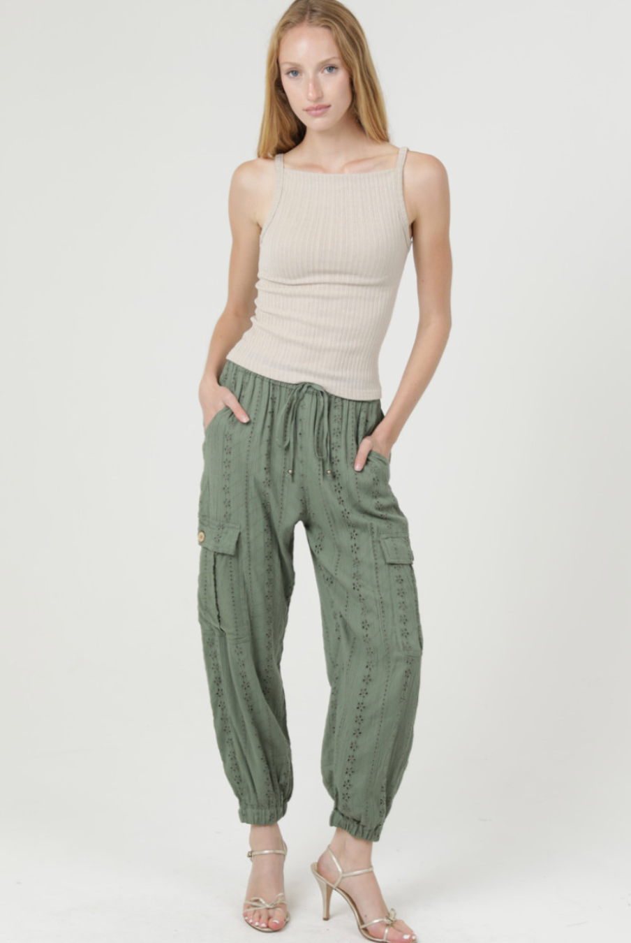 Olive Eyelet Joggers