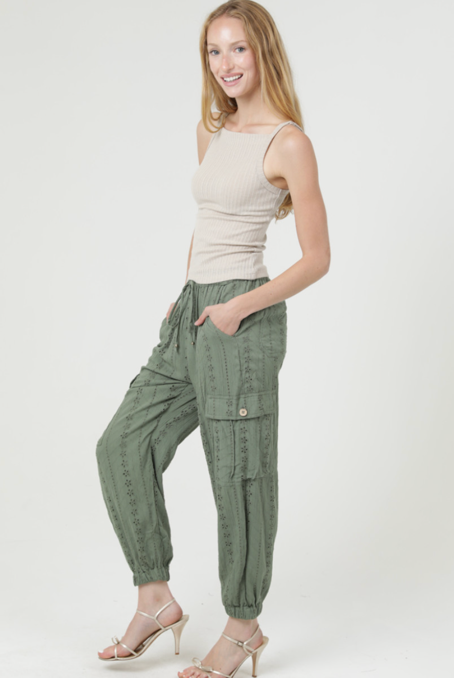 Olive Eyelet Joggers