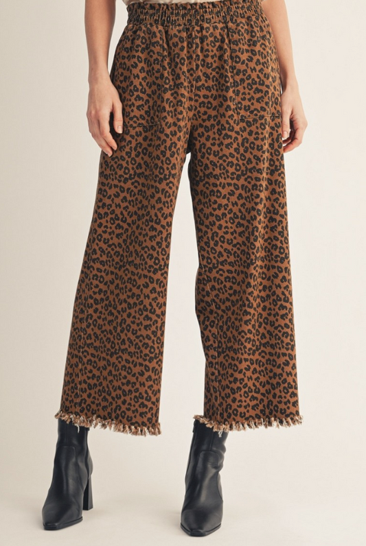 Leopard Frayed Hem Wide Leg Pants