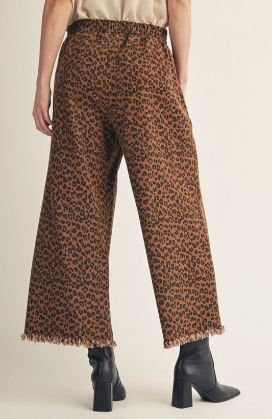 Leopard Frayed Hem Wide Leg Pants