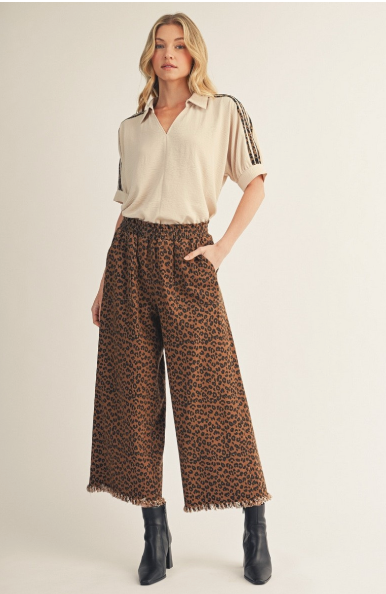 Leopard Frayed Hem Wide Leg Pants