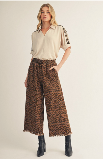 Leopard Frayed Hem Wide Leg Pants