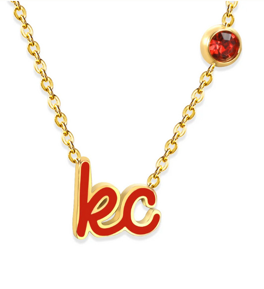Red KC Script Necklace with Charm